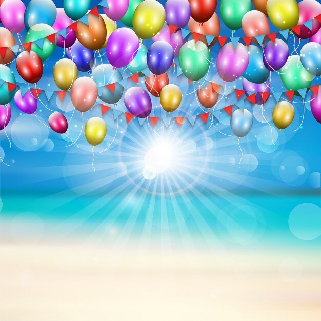 Globos y banderines en un fondo de playa de verano