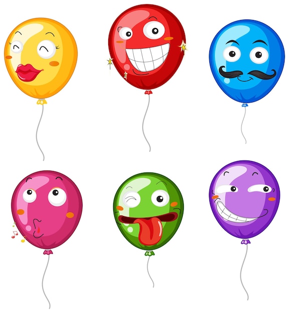 Globos de colores con expresiones faciales.