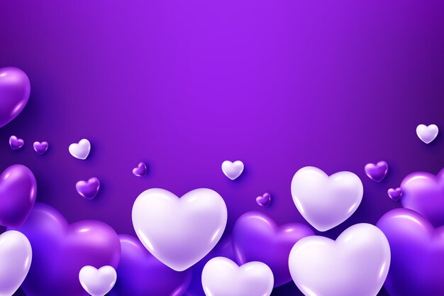 Globos de corazón morado y blanco sobre un fondo morado