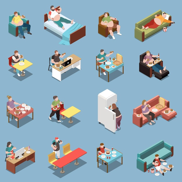 Glotonería iconos de colores isométricos con personas con sobrepeso que comen comida rápida en casa y café 3d ilustración vectorial aislada