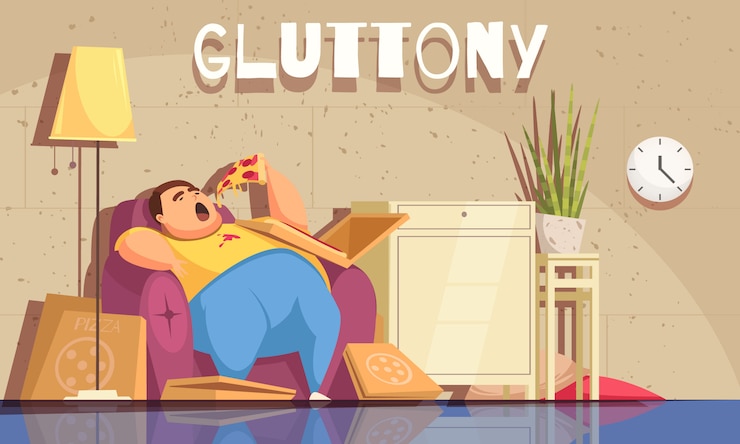 Vector gratuito glotonería con símbolos obsesivos de comer y sobrepeso planos