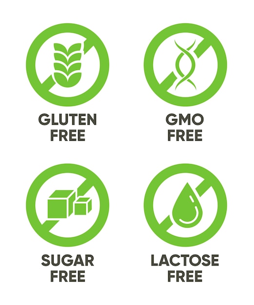 Gluten, OMG, Azúcar, Signos sin lactosa. Conjunto de símbolos verdes con texto para alergias, alimentos saludables, productos orgánicos naturales. Ilustraciones vectoriales aisladas sobre fondo blanco