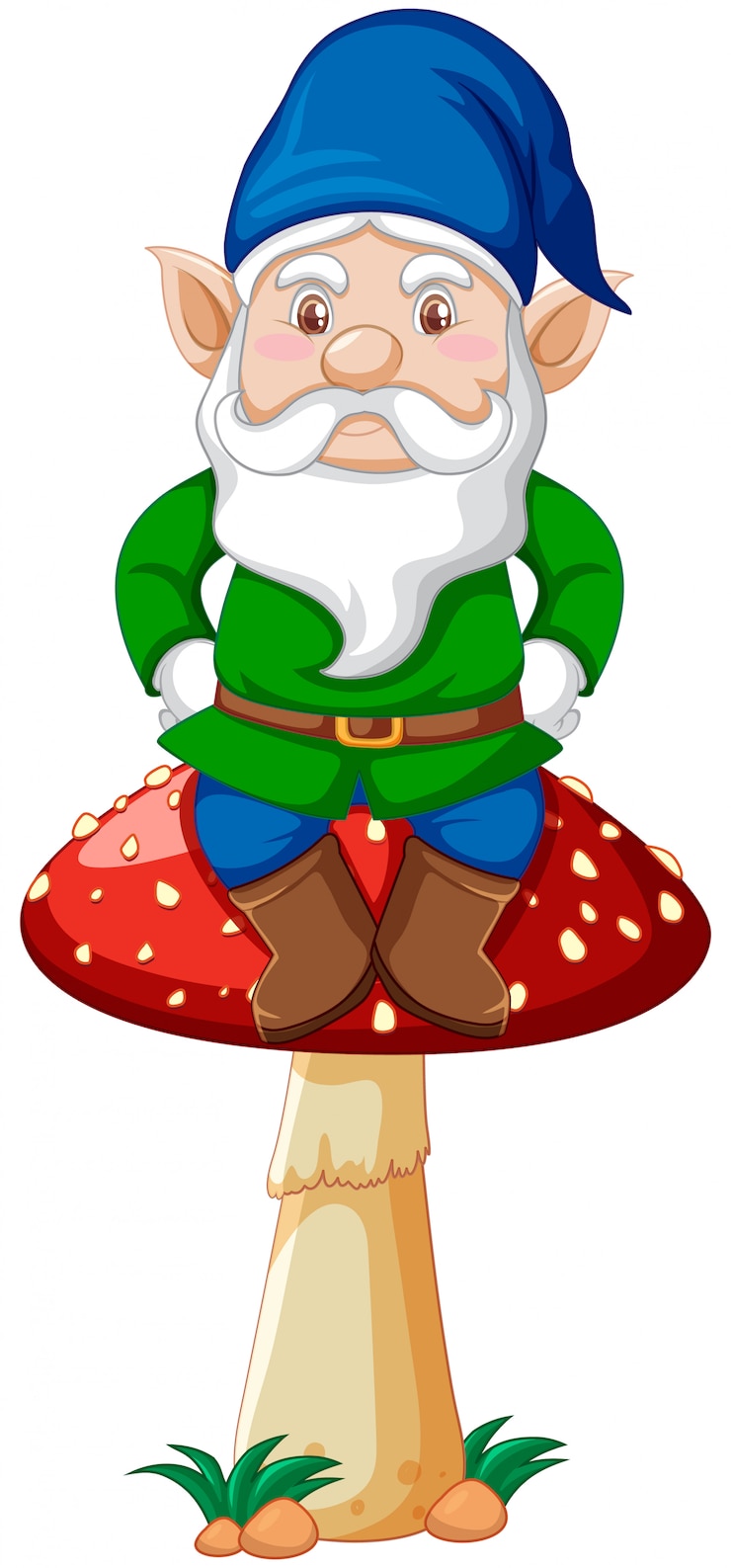 Vector gratuito gnomo sentado sobre un hongo en personaje de dibujos animados sobre fondo blanco.