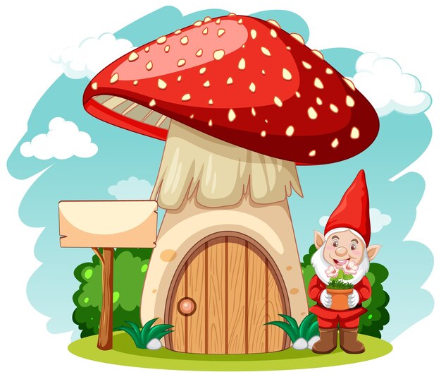 Gnomos y estilo de dibujos animados de la casa de setas en blanco