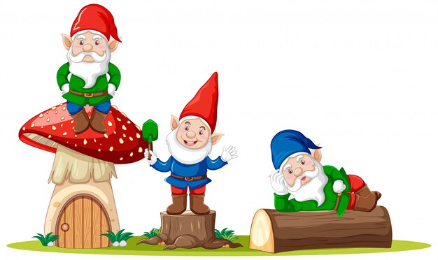 Gnomos y hongos personaje de dibujos animados sobre fondo blanco.