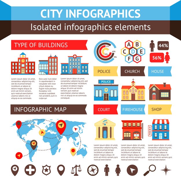 Gobierno de la ciudad edificio infográfico conjunto con gráficos y mapa del mundo ilustración vectorial