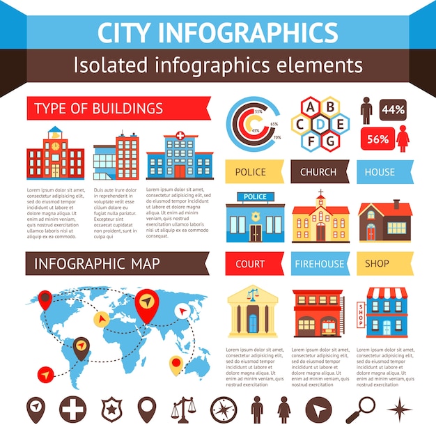 Gobierno de la ciudad edificio infográfico conjunto con gráficos y mapa del mundo ilustración vectorial