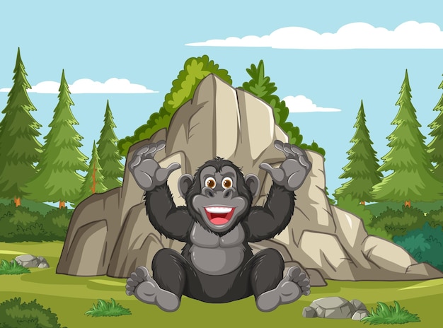 Vector gratuito un gorila alegre en un claro del bosque