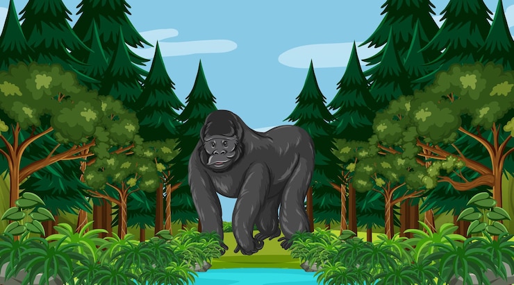 Vector gratuito gorila en escena de bosque o selva tropical con muchos árboles