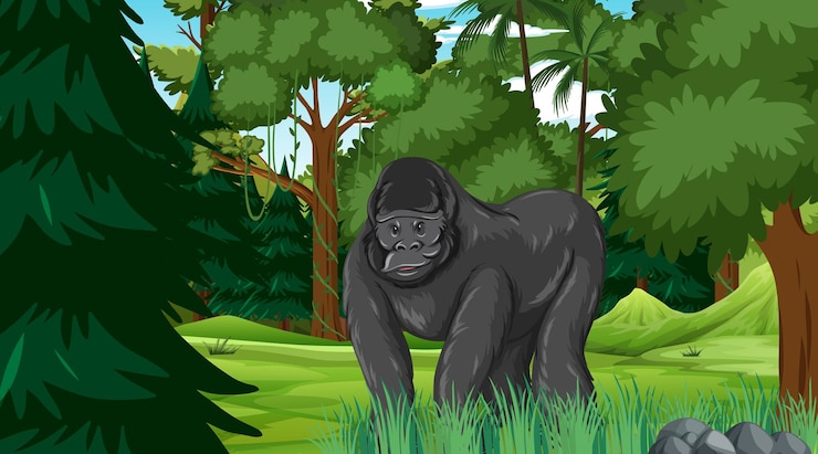 Vector gratuito gorila en escena de bosque o selva tropical con muchos árboles