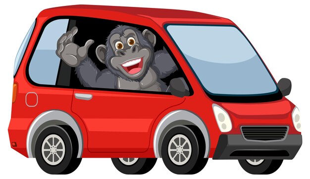 Un gorila feliz conduciendo un coche rojo