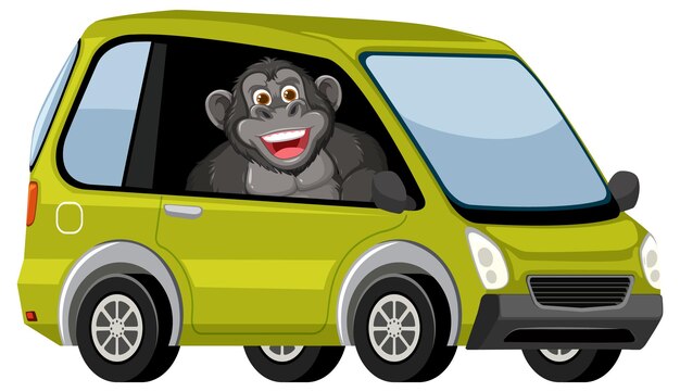 Un gorila feliz conduciendo un coche verde