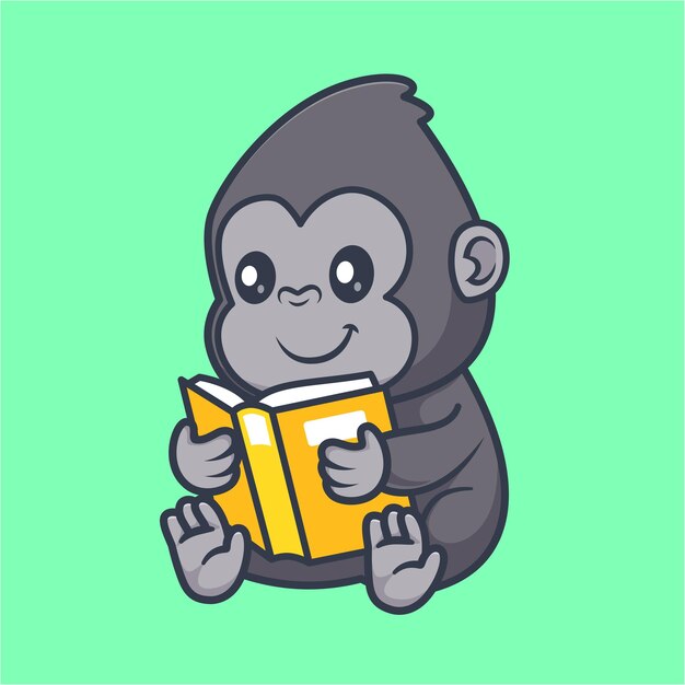 Gorila lindo libro de lectura Vector de dibujos animados Ilustración de icono Educación de animales Vector plano aislado