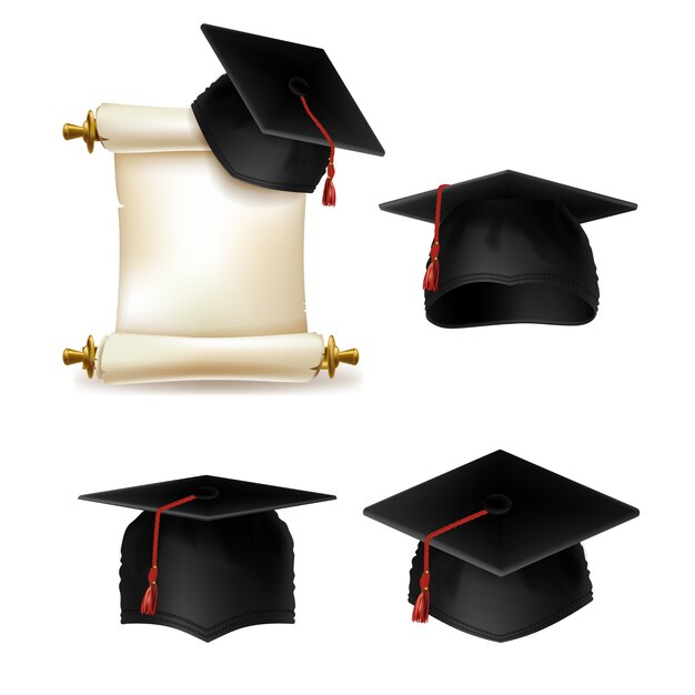 gorra de graduación con diploma, documento oficial de educación en la universidad o colegio.