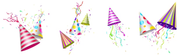 Vector gratuito gorras de cumpleaños con cintas de colores y confeti.