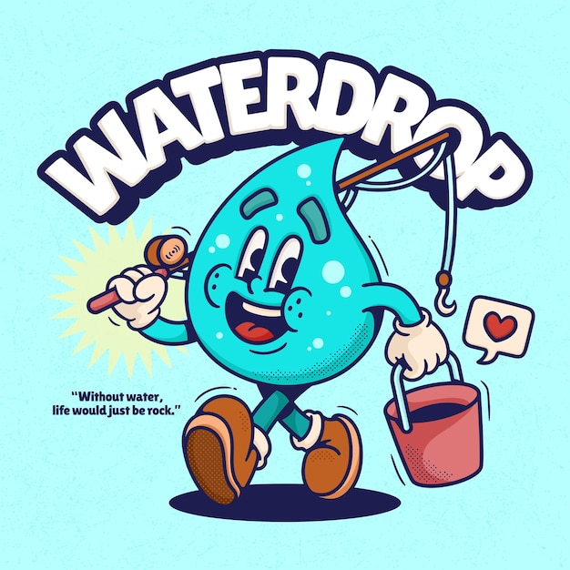 Vector gratuito gota de agua lindo moda retro dibujos animados vector dibujado a mano