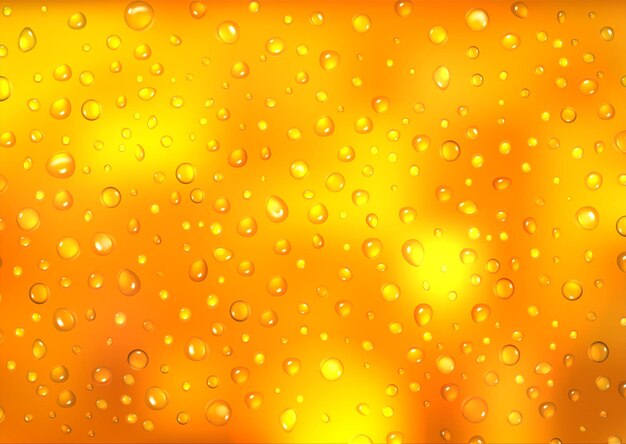 Gotas de agua de condensación o cerveza sobre fondo amarillo de vidrio