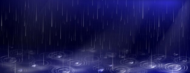 Gotas de agua que caen y ondulaciones del charco sobre fondo azul oscuro
