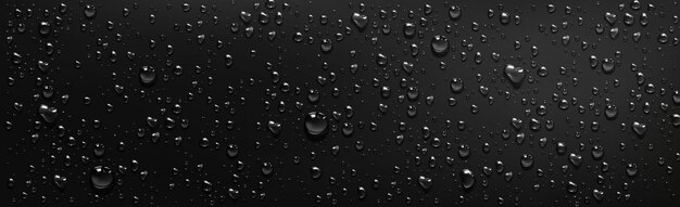 Gotas de agua sobre fondo negro. Vector ilustración realista de condensación de vapor en la ducha o niebla sobre una superficie negra húmeda, gotas de agua clara de rocío o lluvia