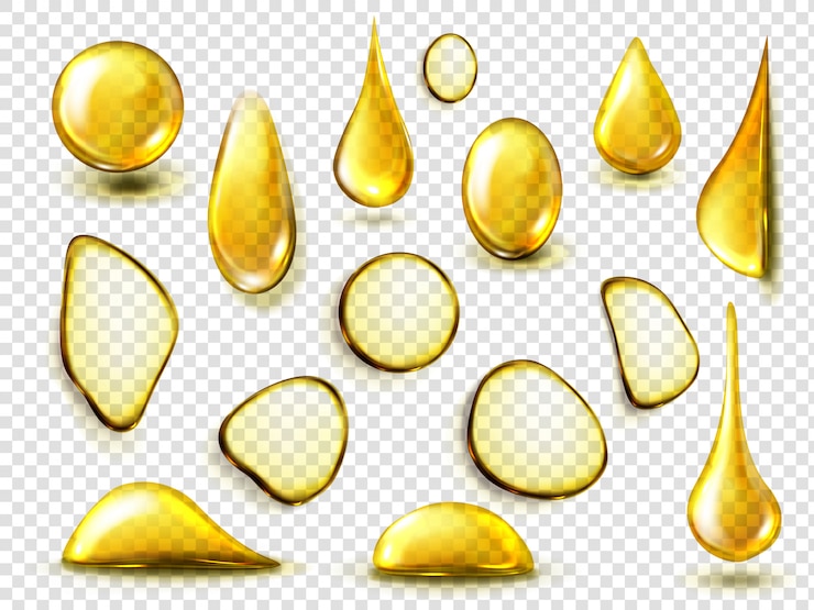 Vector gratuito gotas de oro y manchas de aceite o miel aislado sobre fondo transparente. maqueta realista de gotas de oro líquido de cosméticos orgánicos o aceite alimenticio, vista superior de charcos amarillos claros