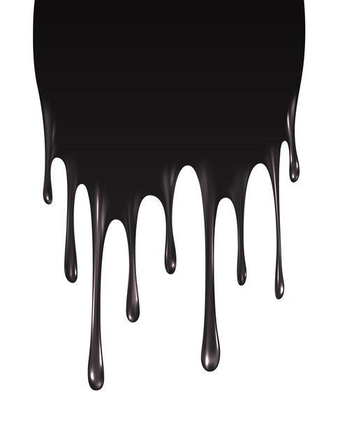 Gotas de pintura negra realistas aisladas sobre fondo blanco. El líquido negro que fluye. Goteo de pintura. Ilustración de vector EPS10