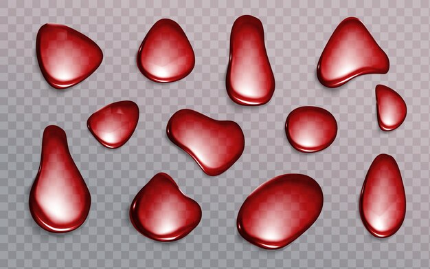 Gotas rojas sobre fondo transparente. Gotas de sangre, jugo de fresa o vino. Burbujas de refresco, cerveza o agua beben textura abstracta. Gotas de agua al azar, diseño 3d de derrame, ilustración vectorial realista