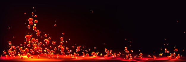 Gotas rojas voladoras sobre la superficie del magma líquido caliente