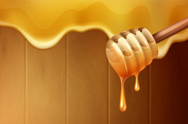 Goteo derritiendo miel cae fondo con ilustración realista de cucharón de miel