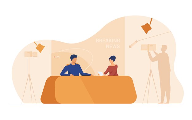 Grabación de programas de televisión con equipo de filmación y entre bastidores.