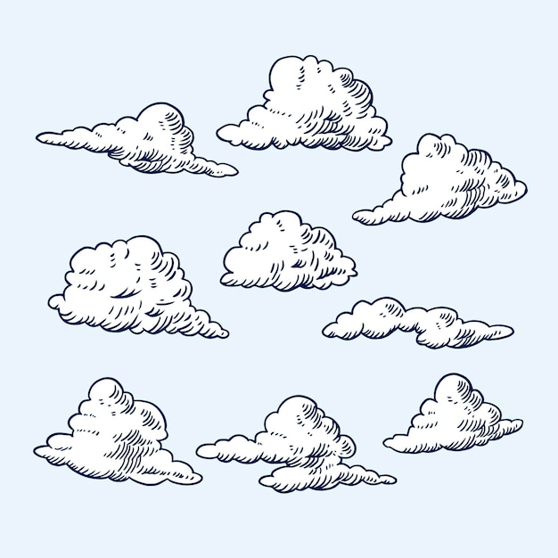 Vector gratuito grabado colección nubes dibujadas a mano