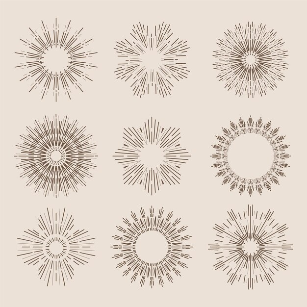 Grabado colección sunbursts dibujados a mano
