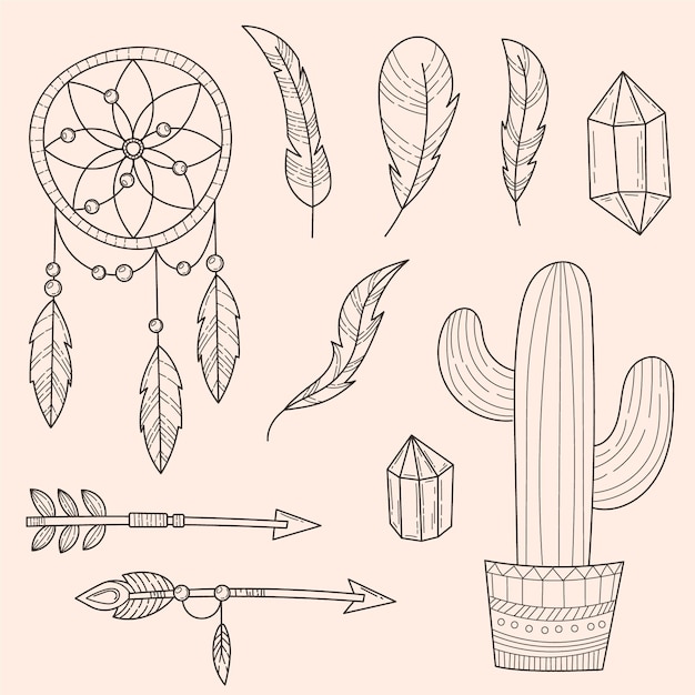 Grabado dibujado a mano colección de elementos boho.