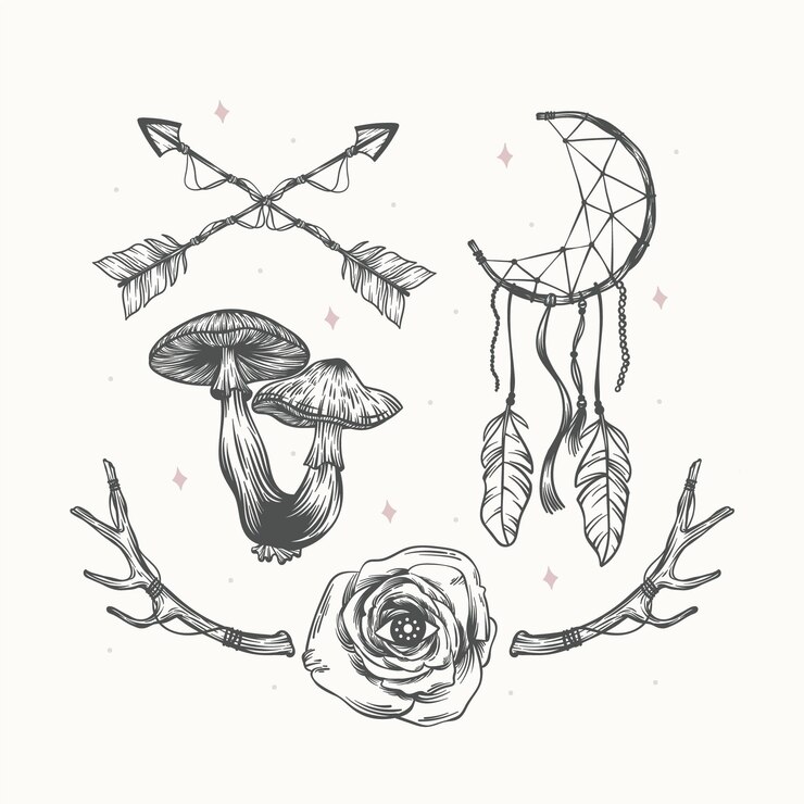Vector gratuito grabado dibujado a mano colección de elementos boho.