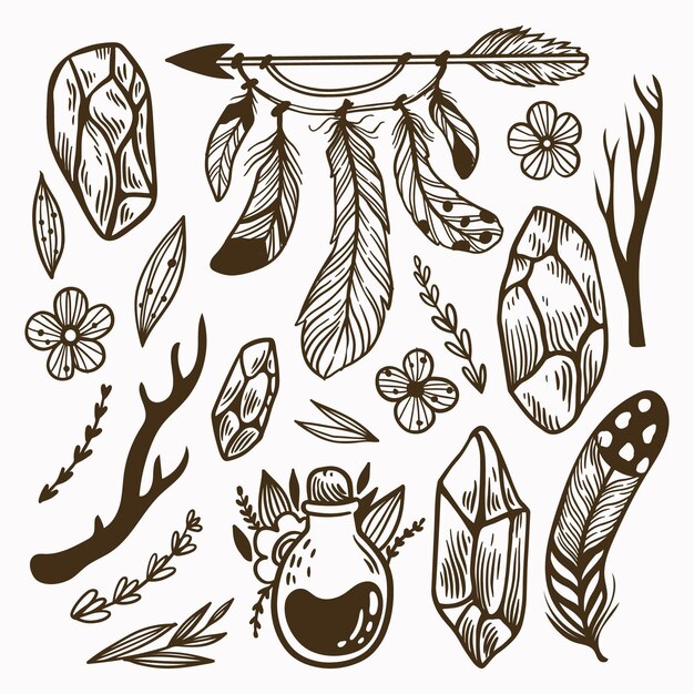 Grabado dibujado a mano colección de elementos boho.