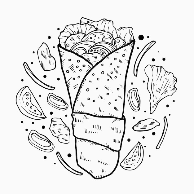 Grabado dibujado a mano ilustración shawarma