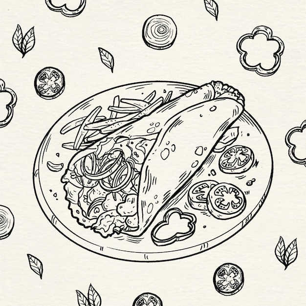 Grabado dibujado a mano ilustración shawarma