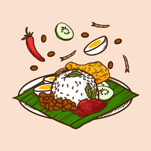 Grabado dibujado a mano nasi lemak