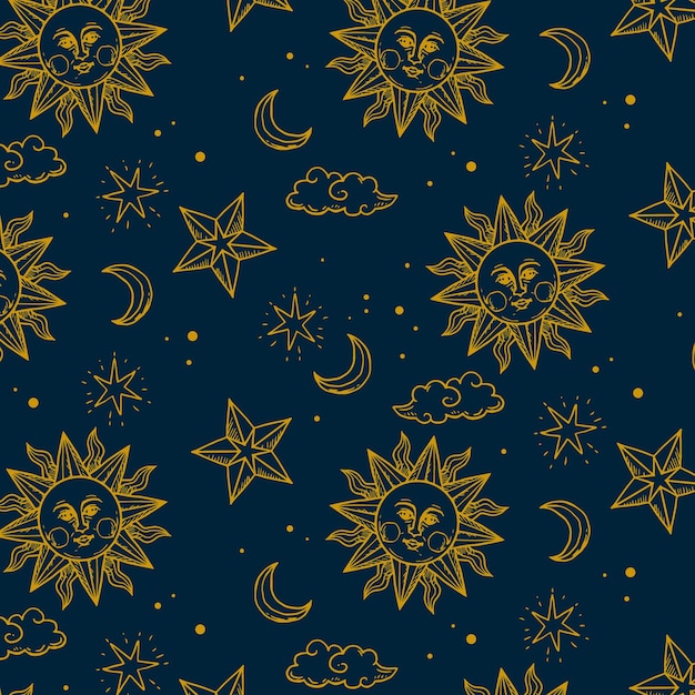Grabado dibujado a mano patrón de sol dorado