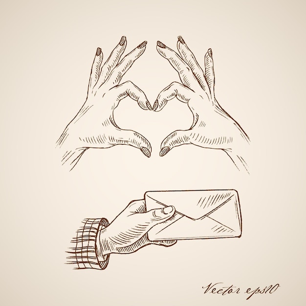 Grabado de manos femeninas dibujadas a mano vintage haciendo el símbolo del corazón y el sobre de la mano masculina