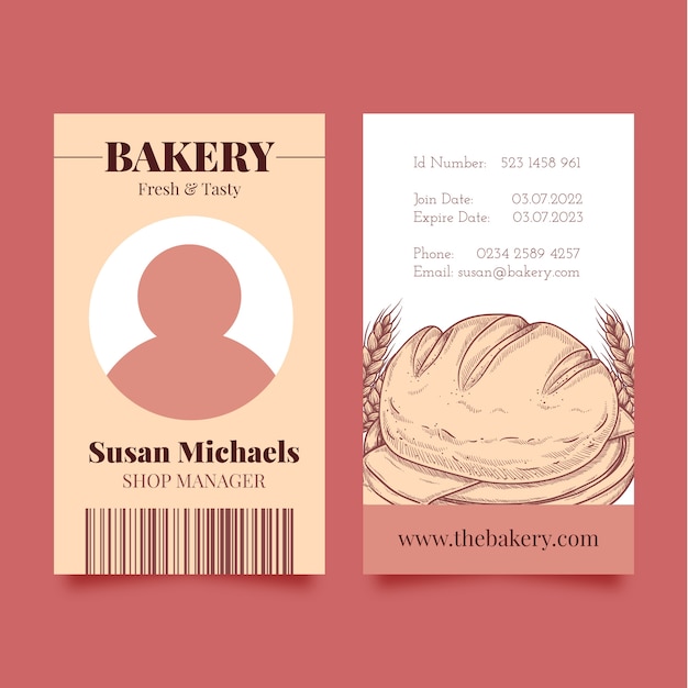 Vector gratuito grabado de la tarjeta de identificación de la tienda de panadería