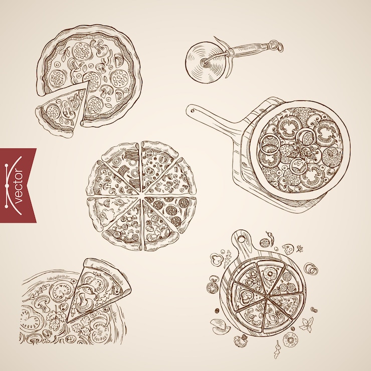 Vector gratuito grabado vintage dibujado a mano pizza bbq, margherita, veronese, colección napoletana. ilustración de comida de dibujo a lápiz.