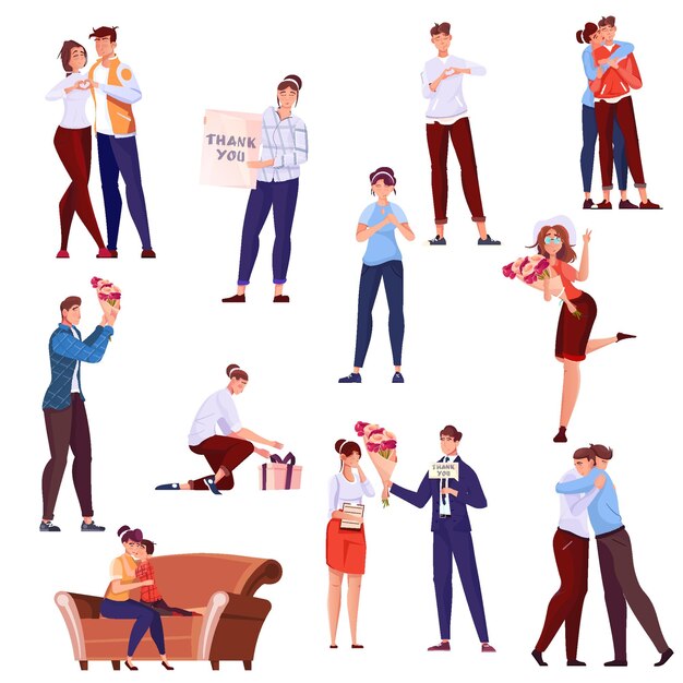 Gracias conjunto plano de personas con pancartas y ramo de flores besándose y abrazándose parejas amorosas ilustraciones vectoriales aisladas