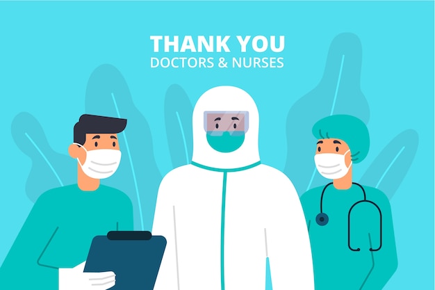 Vector gratuito gracias médicos y enfermeras ilustración con letras