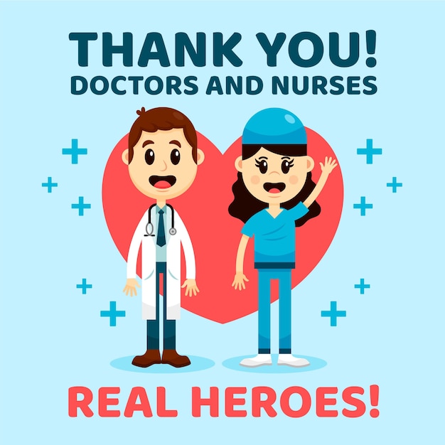 Vector gratuito gracias, médicos y enfermeras, por su estilo de mensaje de apoyo.