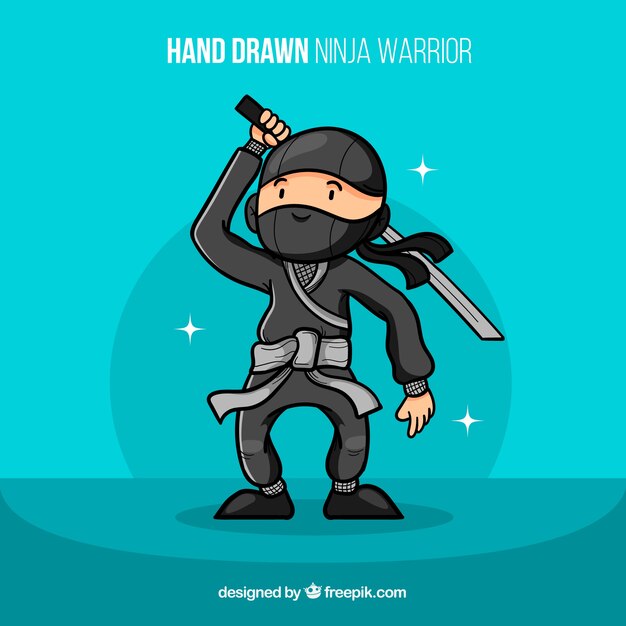 Gracioso guerrero ninja dibujado a mano