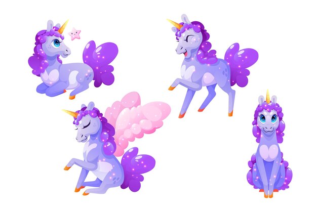 Gracioso personaje unicornio, Pegasus con alas rosas y cuerno dorado en diferentes poses aisladas en fondo blanco. Conjunto vectorial de dibujos animados lindo caballo mágico con cuerno dorado, melena púrpura y destellos