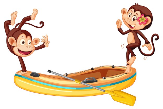 Graciosos monitos en bote inflable