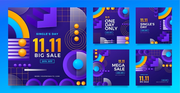 Vector gratuito gradient 11.11 colección de publicaciones de instagram del día de compras