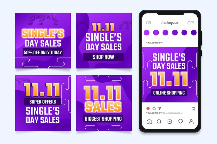 Vector gratuito gradiente 11.11 día de solteros día de compras colección de publicaciones de instagram