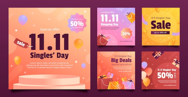 Vector gratuito gradiente 11.11 día de solteros día de compras colección de publicaciones de instagram